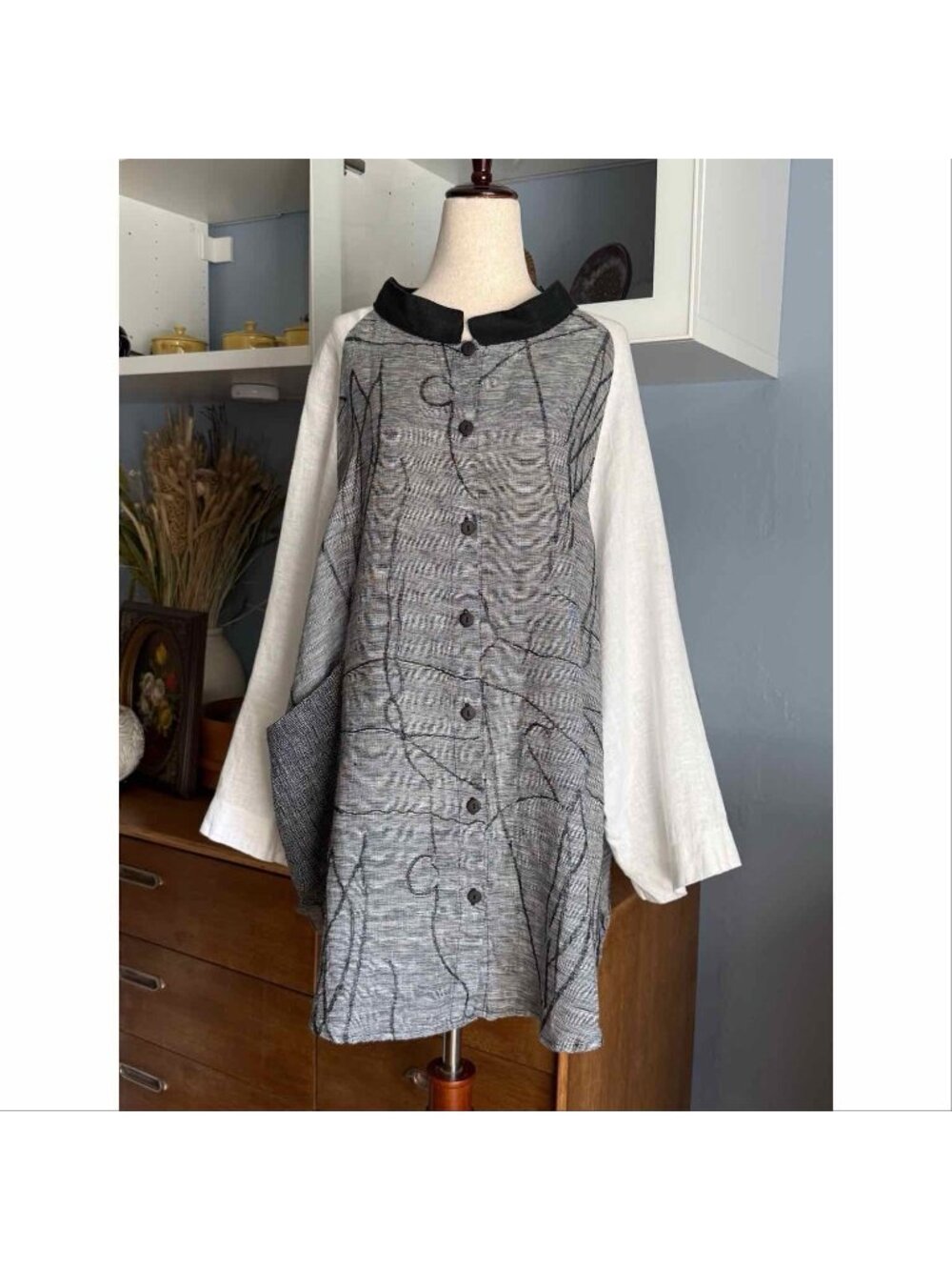 Msquare Lagenlook Button Up Shirt 100% Linen White Black Lightweight